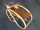 Restored 3/4 Round Pretzel Rattan Side Table w/ 2-Tier Mahogany Tops, Pair