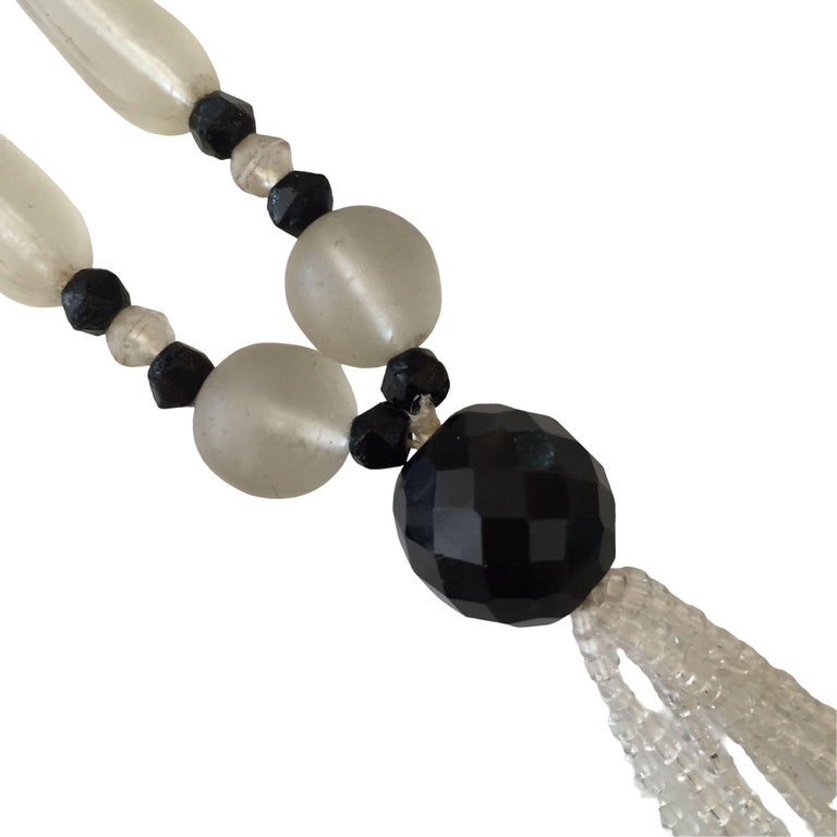 Victorian Frosted Glass and Black Jet Beaded Lariat Necklace