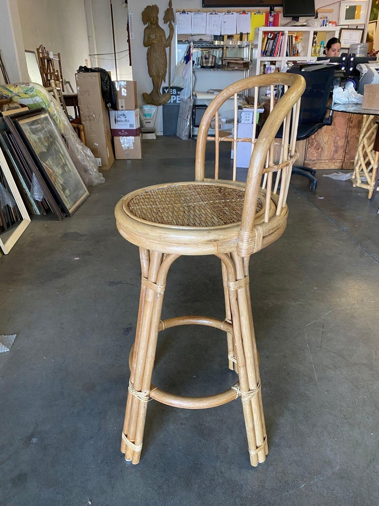 Restored 3-Strand Rattan Bar Stool w/ Stick Reed Rattan Back
