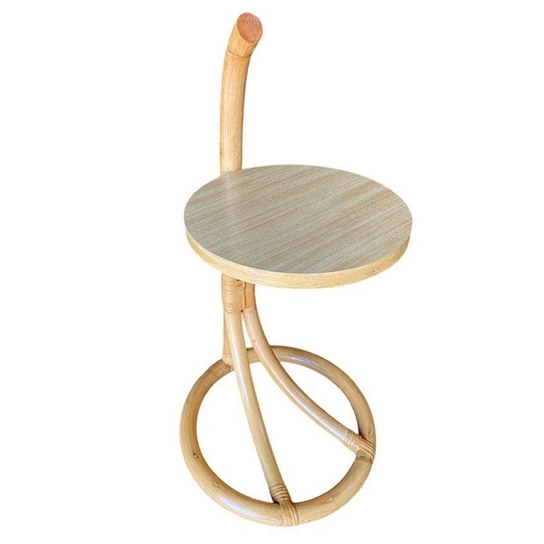 Restored Rare Portable Rattan Side Table Drink Shelf Stand w/ Handle 2 Available
