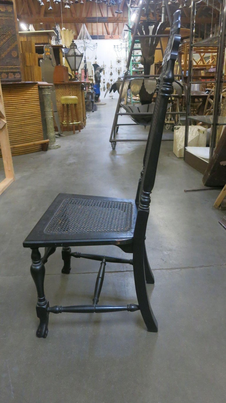 Hand Carved Black Stained Oak Gothic Revival Side Chair w/ Wicker Seat