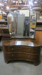 Edwardian Dark Stained Burlwood Vanity w/ Trifold Mirror, Circa 1910