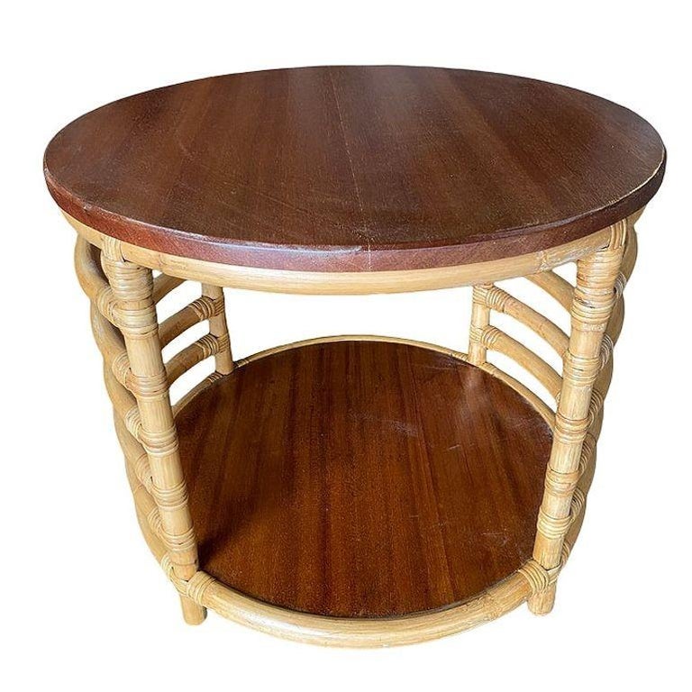 Restored Two-Tier Round Ladder Side Pole Rattan Side Table w/ Mahogany Top