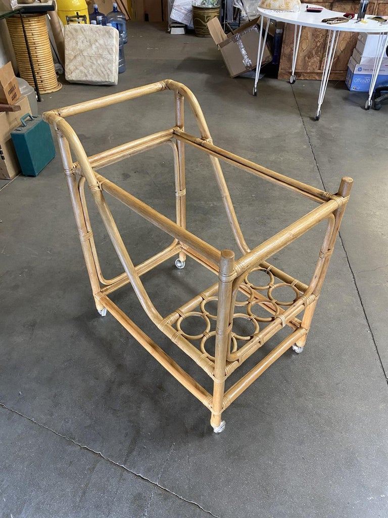 Restored Mid Century Rattan Bar Cart w/ Bottle Holder by Angraves, circa 1970