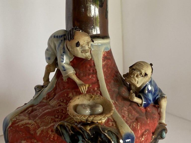Japanese Sumida Ware Vase with Two Men on Rocky Ledge by Inoue Ryosai II