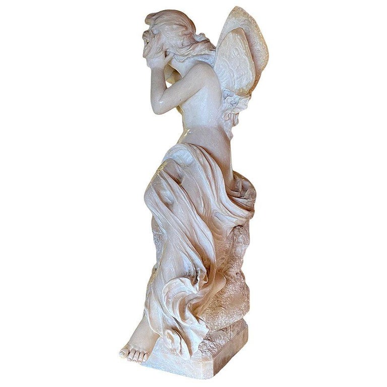 Late Victorian French Hand Carved Nude Psyche Goddess Marble Statue, signed