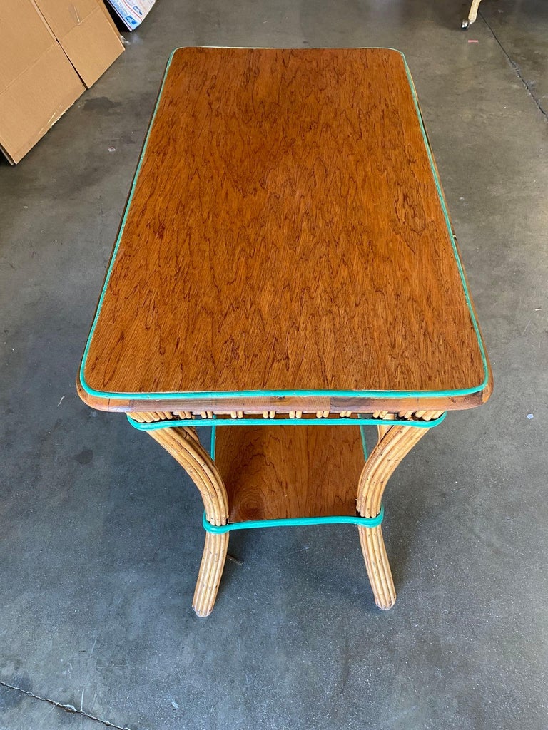 Restored Presidential Stick Reed Rattan TV Stand/Console Table w/ Mahogany Top