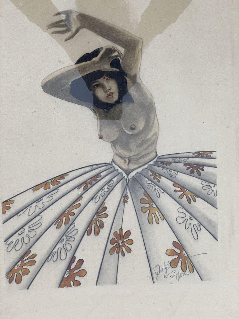 Post War Tropical Nude Color Pencil Drawling Signed Schultz
