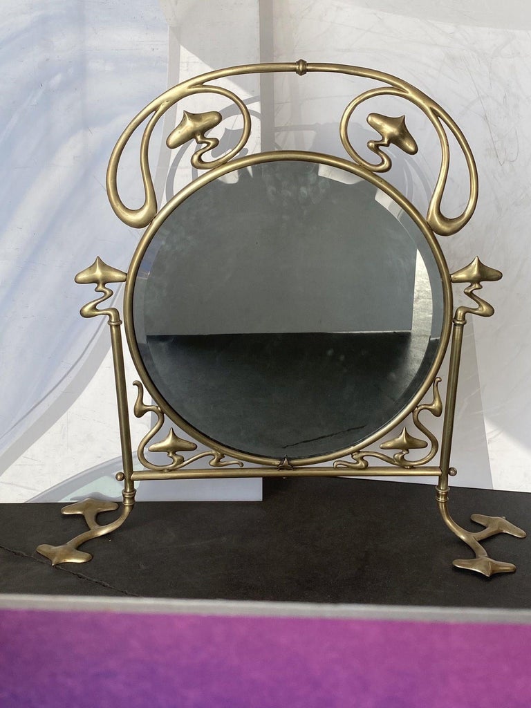French Art Nouveau Brass Fire Screen with Mirror