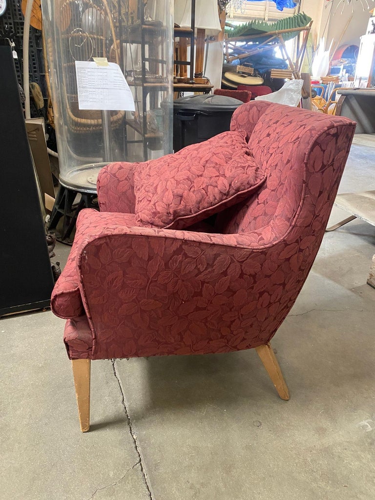 Mid Century Modern Wingback Lounge Chair Burgundy Leaf Print Pair