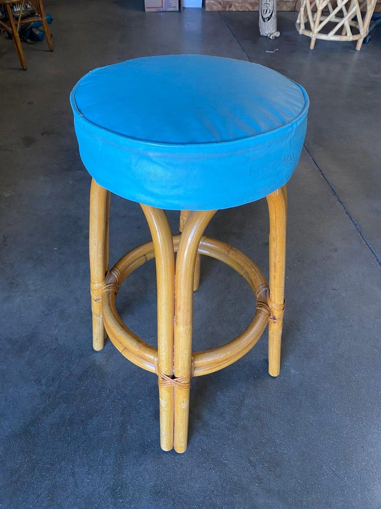 Restored Single Stand Arched Rattan Bar Stool w/ Teal Green Seat, Set of Four