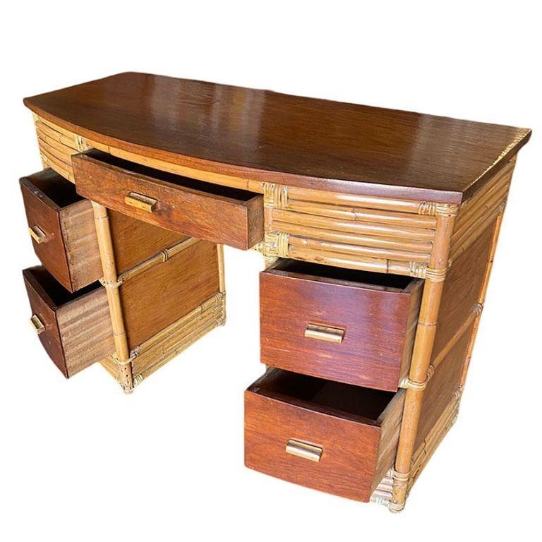 Rare Restored Bespoke Modernist Stacked Rattan & Mahogany Secretary Desk