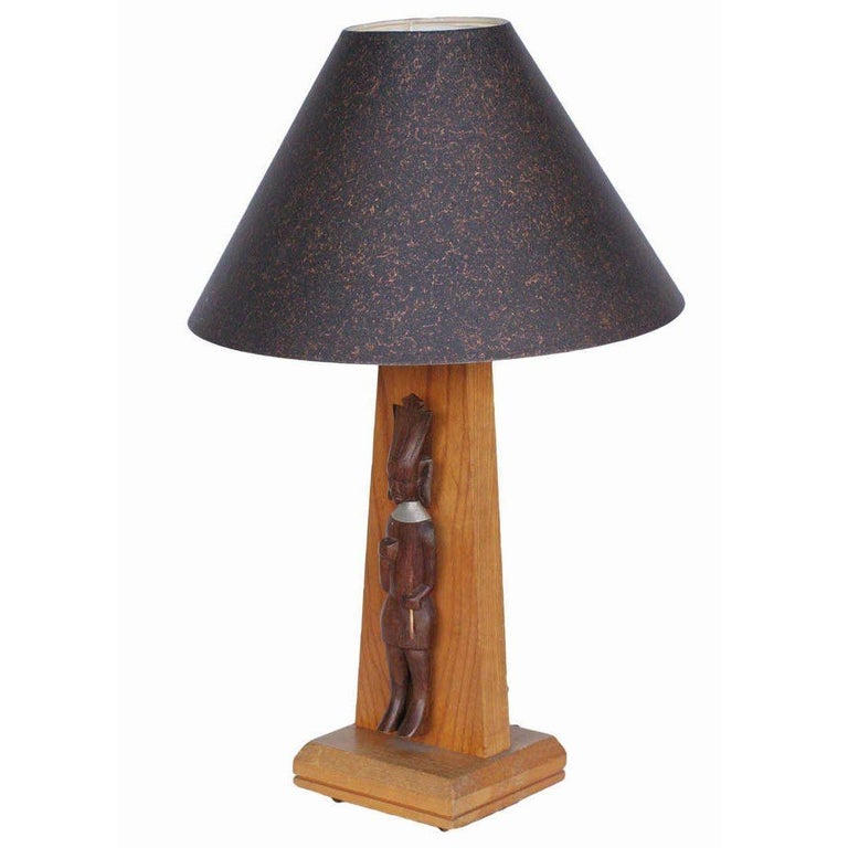Mid-Century Table Lamps w/ African Hand Carved Kenyan Carvings Sculpture, Pair