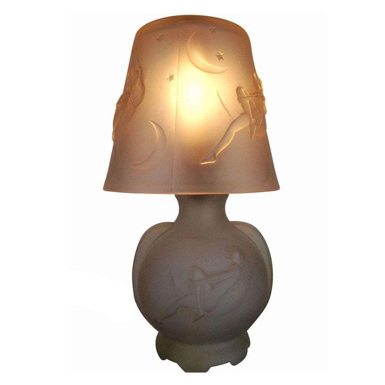 1984 Art Deco Lay by the Stars Crescent Moon Boudoir Glass Lamp by Sarsaparilla