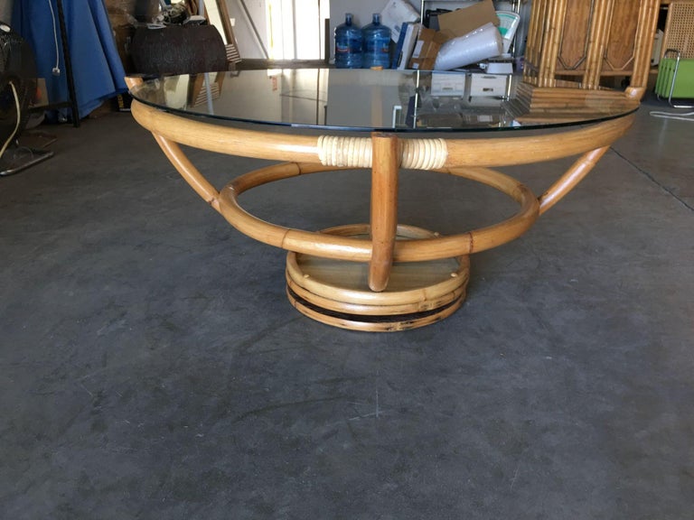 Restored Four Pole Rattan Coffee Table with Floating Glass Top