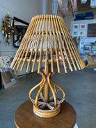 Restored Modernist Stacked Stick Reed Rattan Table Lamp w/ Rattan Shade