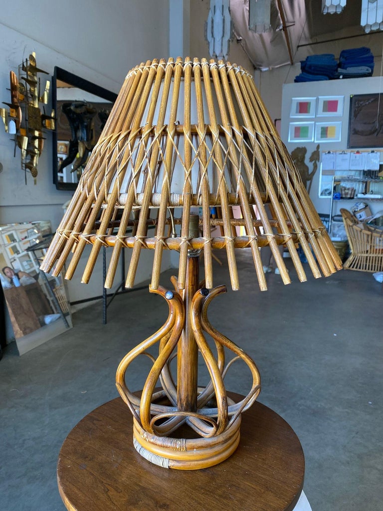 Restored Modernist Stacked Stick Reed Rattan Table Lamp w/ Rattan Shade