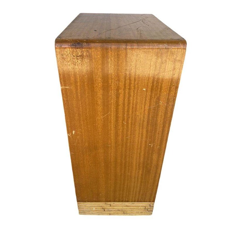 Restored Mid-century Waterfall Highboy Mahogany Dresser W/ Stacked Rattan Base