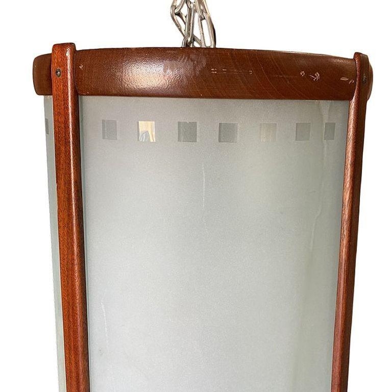 Mid-century Nakashima Style Teak Cylinder Pendant w/ Frosted Shade, 3 Available