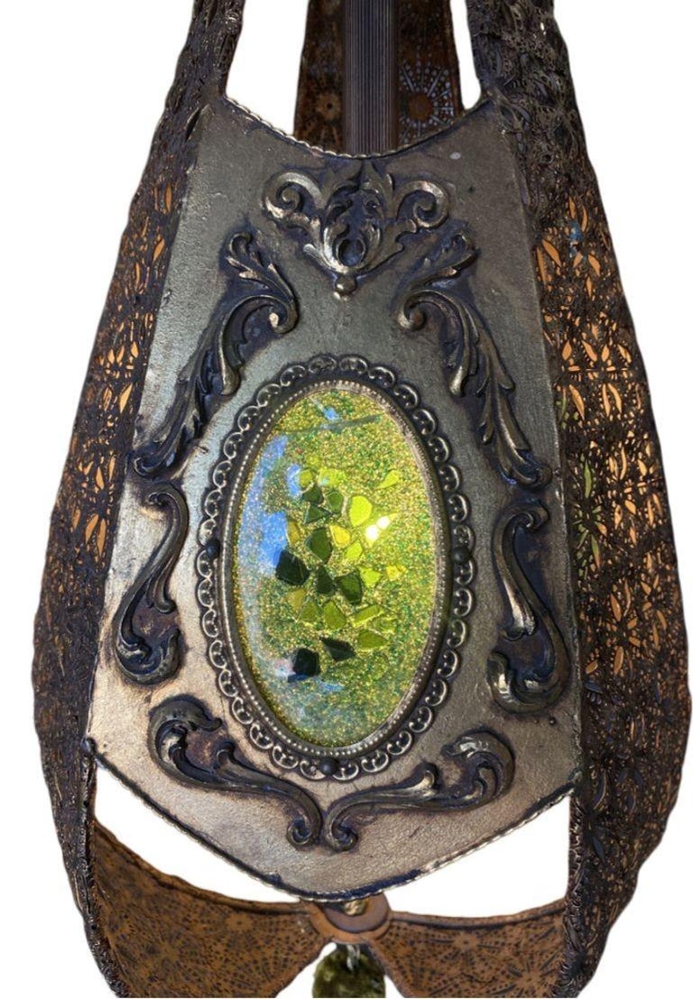 Hollywood Regency Jewel Prisms Filigree Pendant Light, Circa 1950