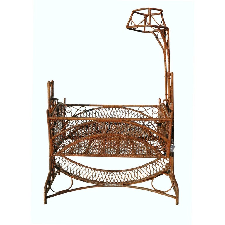 Restored Late Victorian Wicker & Bamboo Swinging Cradle