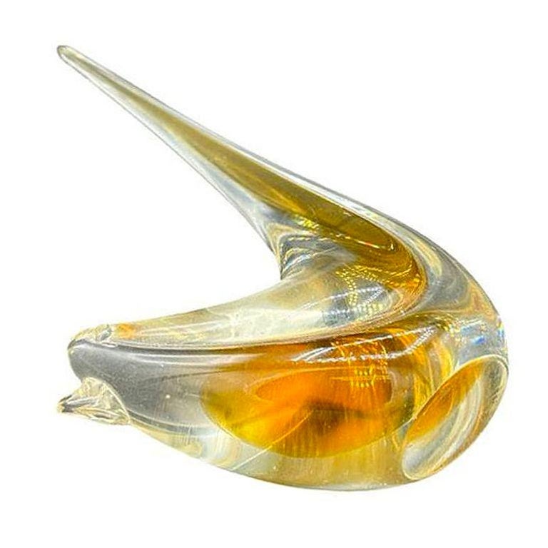 Mid Century Hand Blown Sommerso Murano Yellow Art Glass Bird w/ Tall Feather