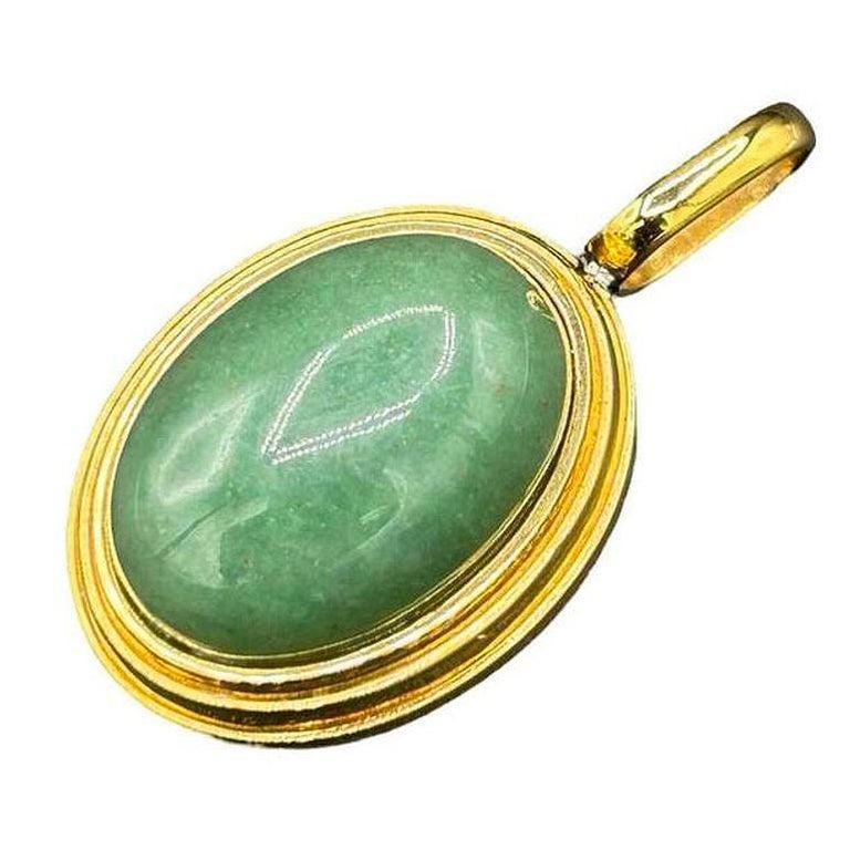 Large 14k Gold Stepped Natural Aventurine Oval Pendent