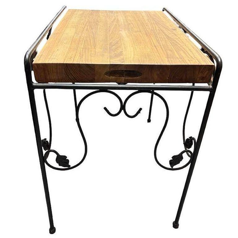 Wrought Iron Scrolling Ivy Wire Patio Wire Side Table w/ Butcher Block Top