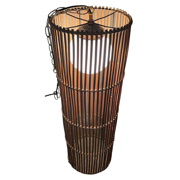 Large Mid-century Split Stick Reed Rattan Hanging Cylinder Chandelier Pendant