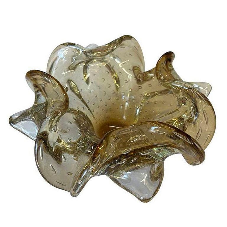Mid-century Bullicante Amber Gold-Tone Ruffle Murano Art Glass Ashtray