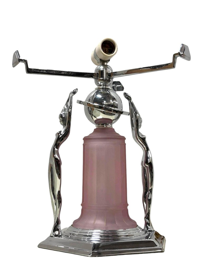 Frankart Era Art Deco Style Chrome Figural Lamp w/ Vivian Glass Shade