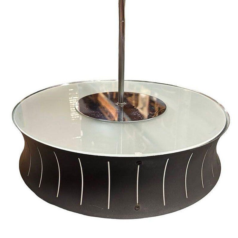 Restored Mid-Century Googie Drum Pendent Black and White Chandelier Lighting