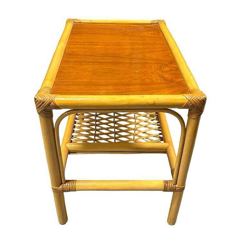 Restored Mid-century 2 Tier Rattan & Wicker Coffee Cocktail Table w Mahogany Top