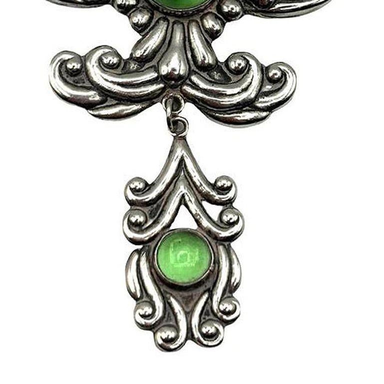 Silver Los Castillo Statement Brooch w Ornate Drop and Chrysoprase Stones