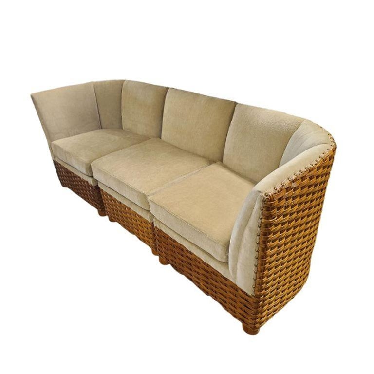 Restored Mid-Century Woven Wicker Sectional Sofa