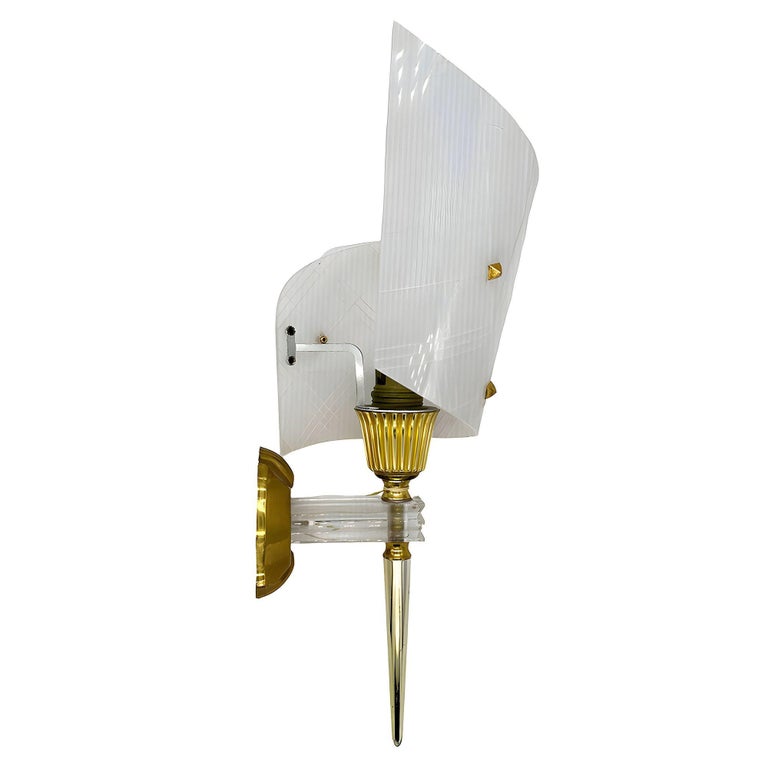 Set of 3 MCM Brass & Lucite Wall Sconces by Pierre Guariche for Luminai