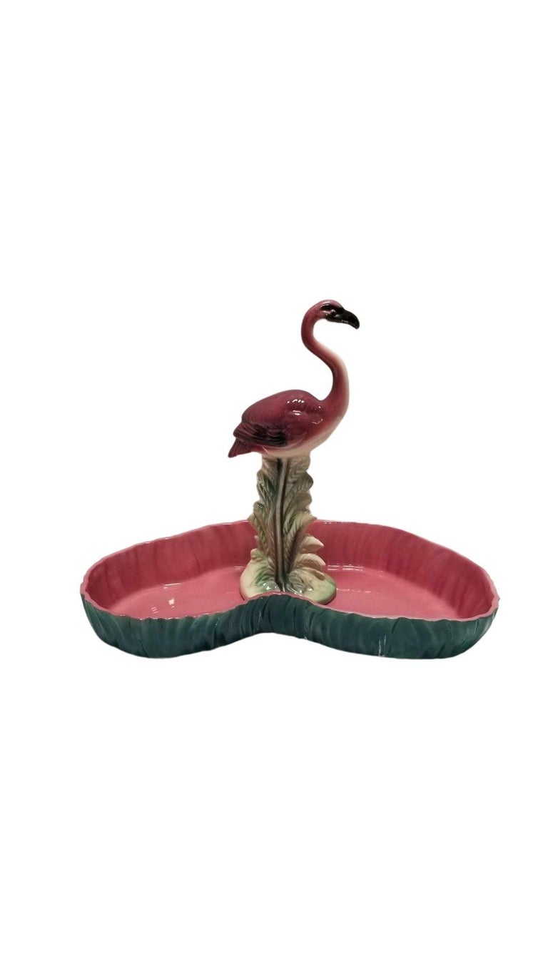 Mid Century Pink and Green Flamingo Ceramic Figurine in Flamingo Pool Tray.