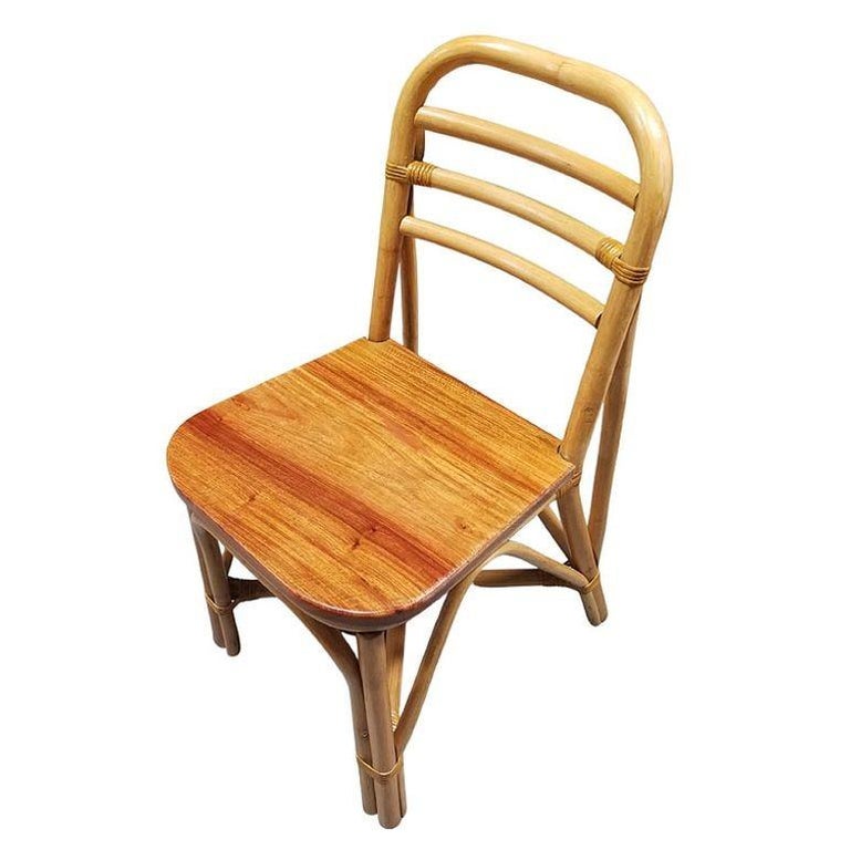 Restored Rattan Skeleton Back Dining Room Chair w/ Mahogany Seat, Set of Six