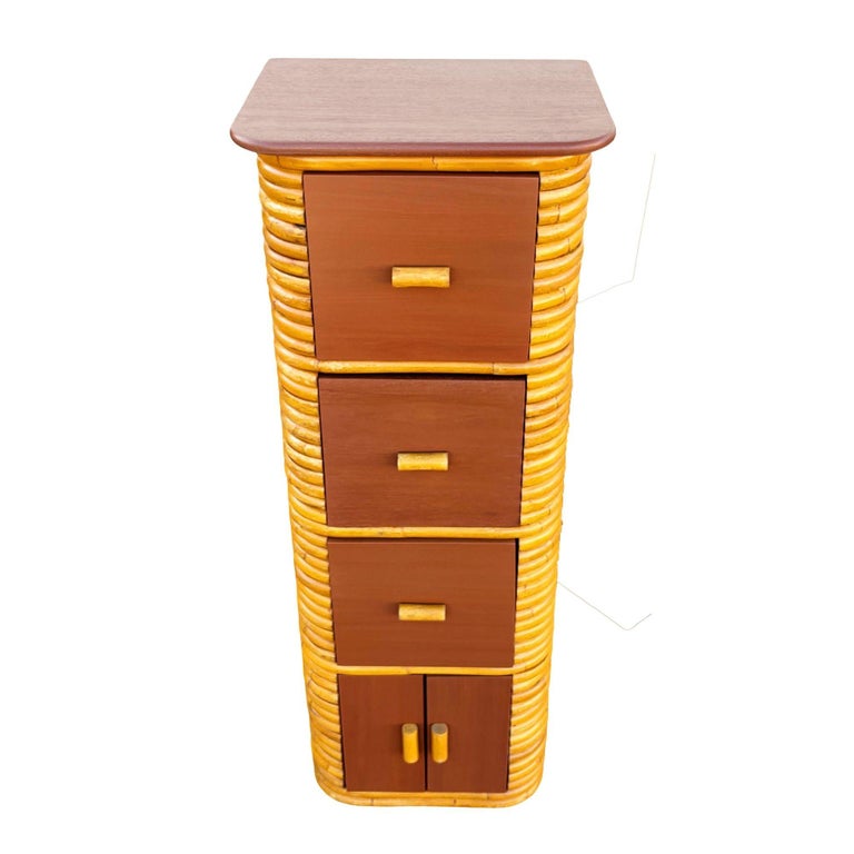 Restored Paul Frankl Style Stacked Rattan & Mahogany Cabinet w/ Drawers