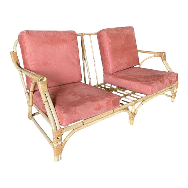Mid-century 2-Strand Transitional Arm 3-Seat Petite Rattan Sofa w/ Arched Base
