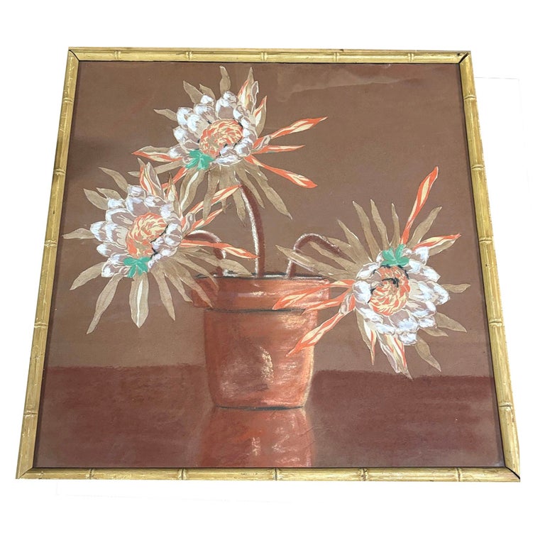 1970s Cereus Flower Fabric Art Painting Framed, Unisgned
