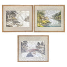 Three Chinese Silk Embroidery Tapestry Art Tropical Landscape in Rattan Frames