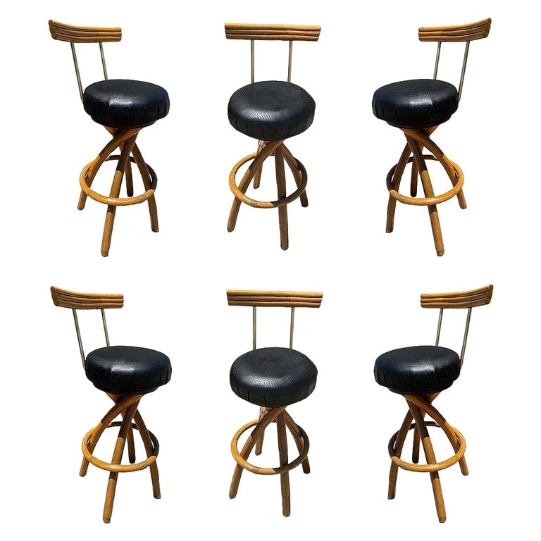 Restored Spiral Legs Rattan & Brass Barstool w/ Swivel Seats, Set of Six