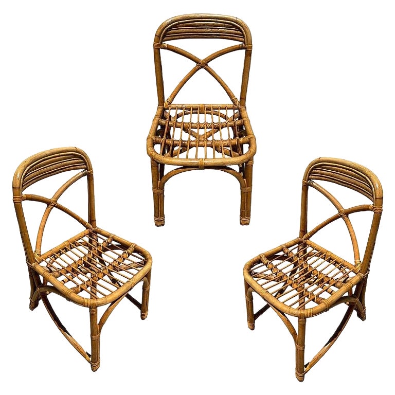 Restored Mid-century Rattan Dining Side Chairs with "X" Back