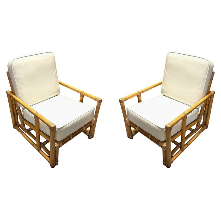 Restored James Mont Inspired Rattan Lounge Chairs w/ Modernist Arms