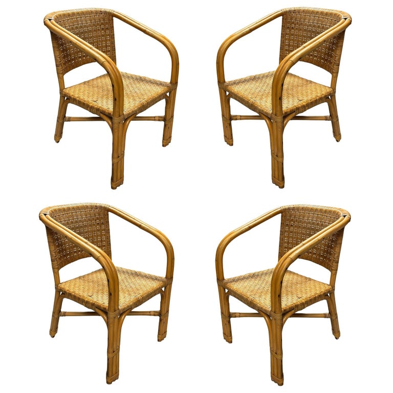 Restored Modern 2-Strand Rattan Armchair Dining Chair w/ Wicker Seat, Set of 4