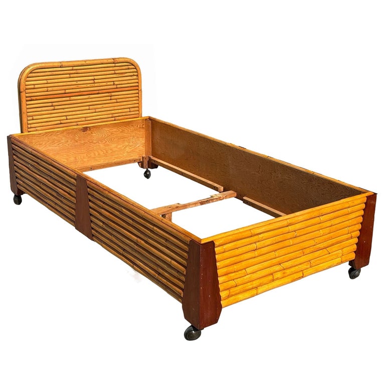 Restored Art Deco Geometric Stacked Rattan Bed and Mahogany Twin Bed Frame