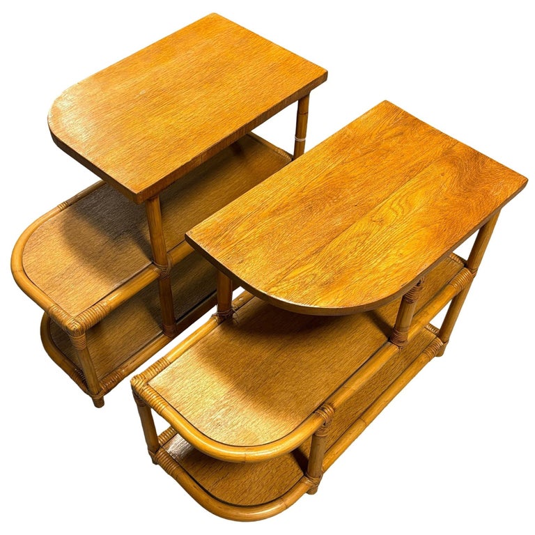 Restored Streamline Rattan & Mahogany 3-Tiered "Trio" End Table, Pair