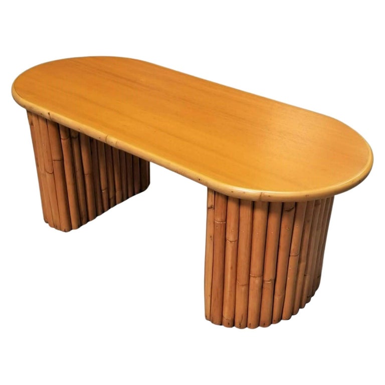 Restored Mahogany Coffee Table w/ Vertical Stacked Rattan Half Moon Pedestal Leg