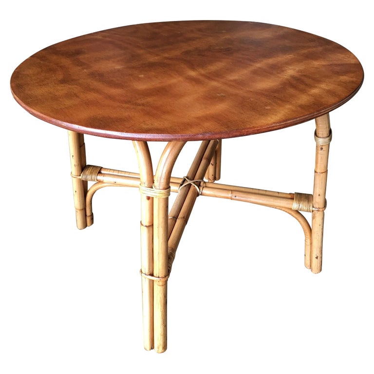 Restored Vintage Large 31" Round "X" Base Rattan Coffee Table With Oak Top
